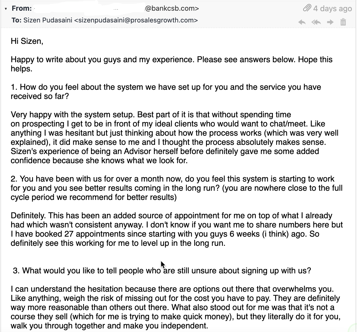 Bank CSB financial advisor testimonial screenshot