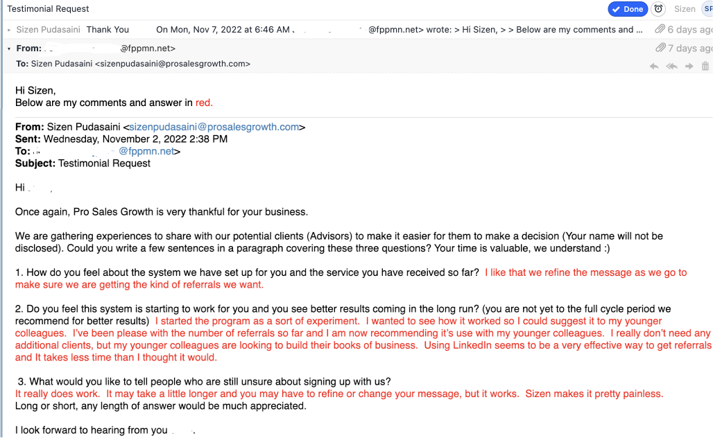 FPPMN financial advisor testimonial screenshot