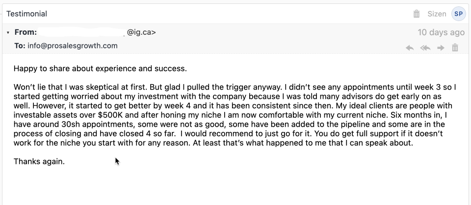Investors Group financial advisor testimonial screenshot