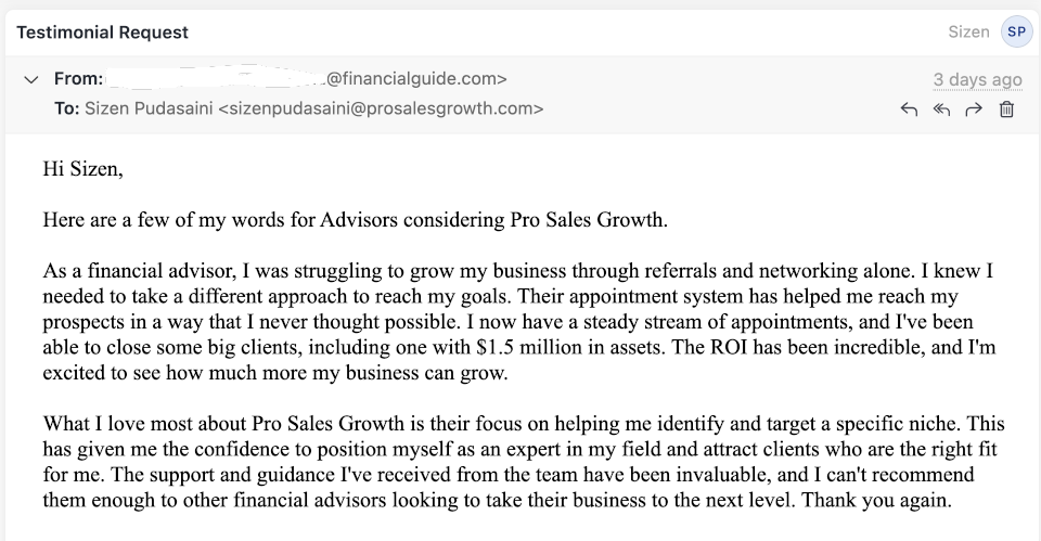 Mass Mutual financial advisor testimonial screenshot