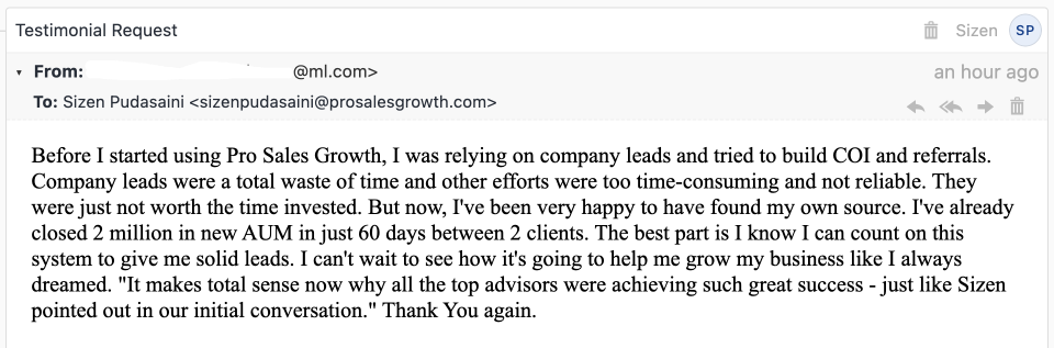 Merrill Lynch financial advisor testimonial screenshot