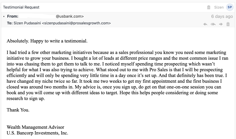 US Bank financial advisor testimonial screenshot
