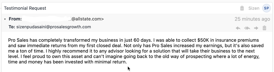 Allstate insurance advisor testimonial screenshot