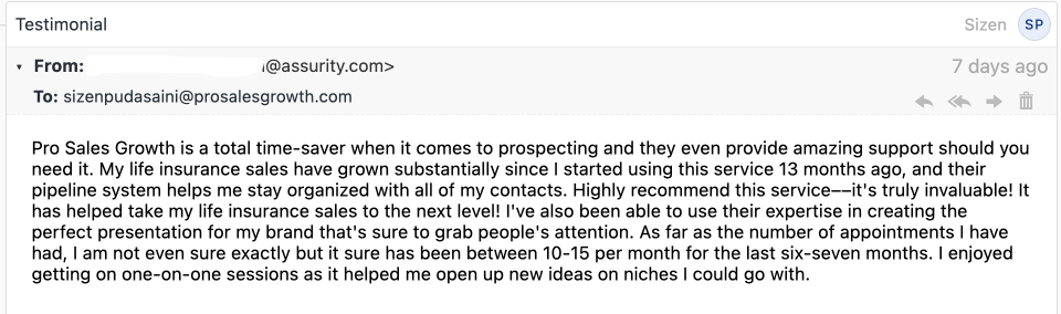Assurity insurance advisor testimonial screenshot