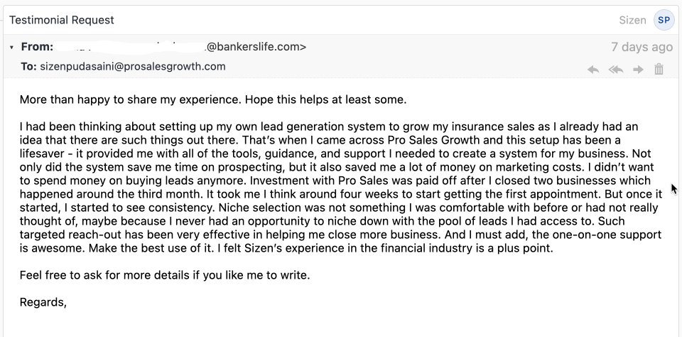 Bankers Life insurance advisor testimonial screenshot