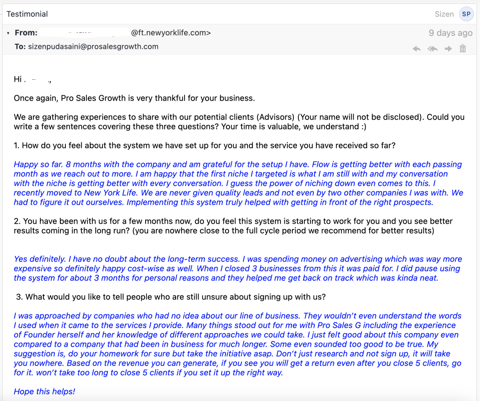 New York Life insurance advisor testimonial screenshot