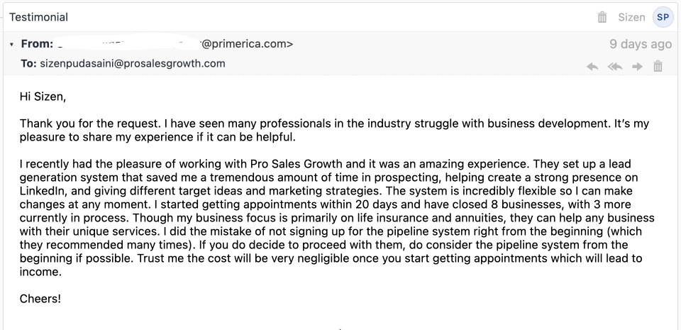 Primerica insurance advisor testimonial screenshot