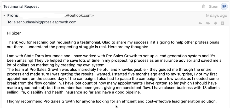 State Farm insurance advisor testimonial screenshot