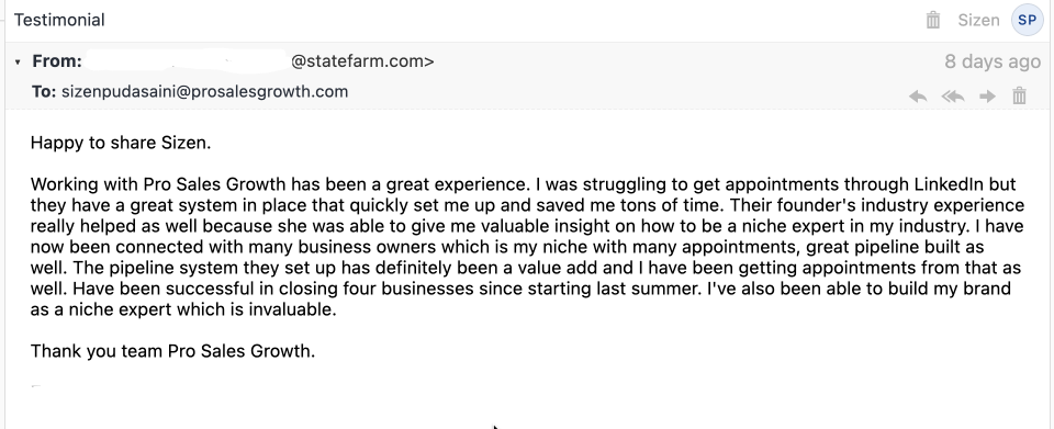 State Farm insurance advisor testimonial screenshot