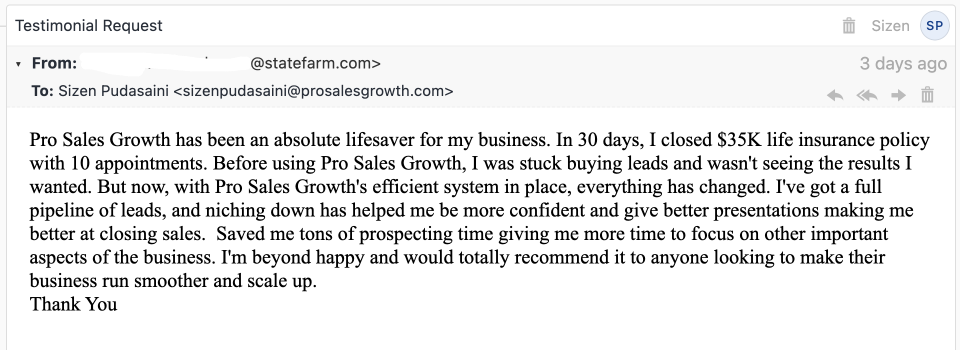State Farm insurance advisor testimonial screenshot