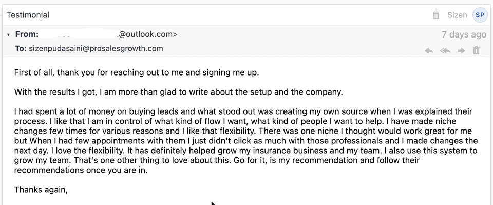 World Financial insurance advisor testimonial screenshot